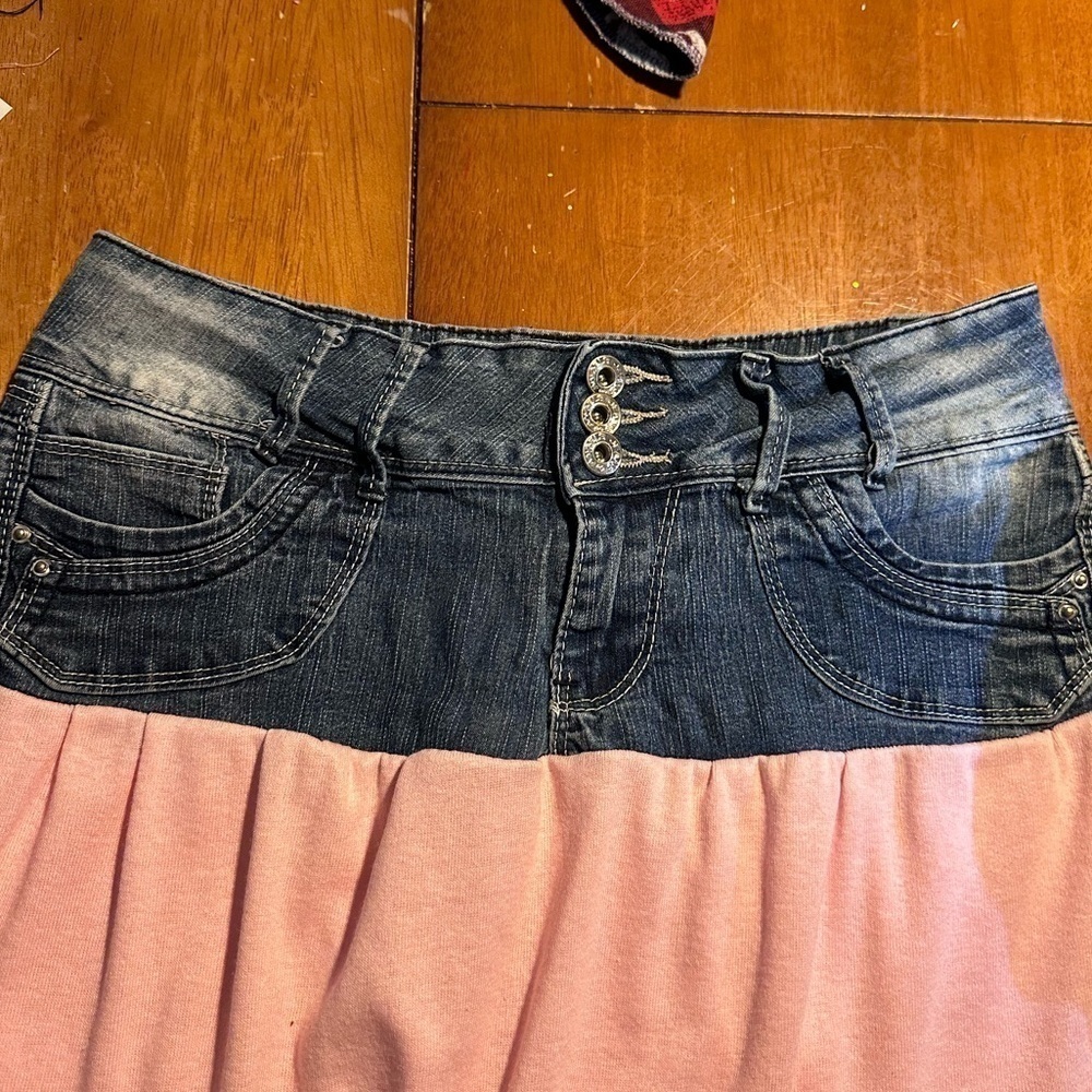 Pink skirt up cycle hand made denim rib knit eyelet size 9 - Picture 6 of 7